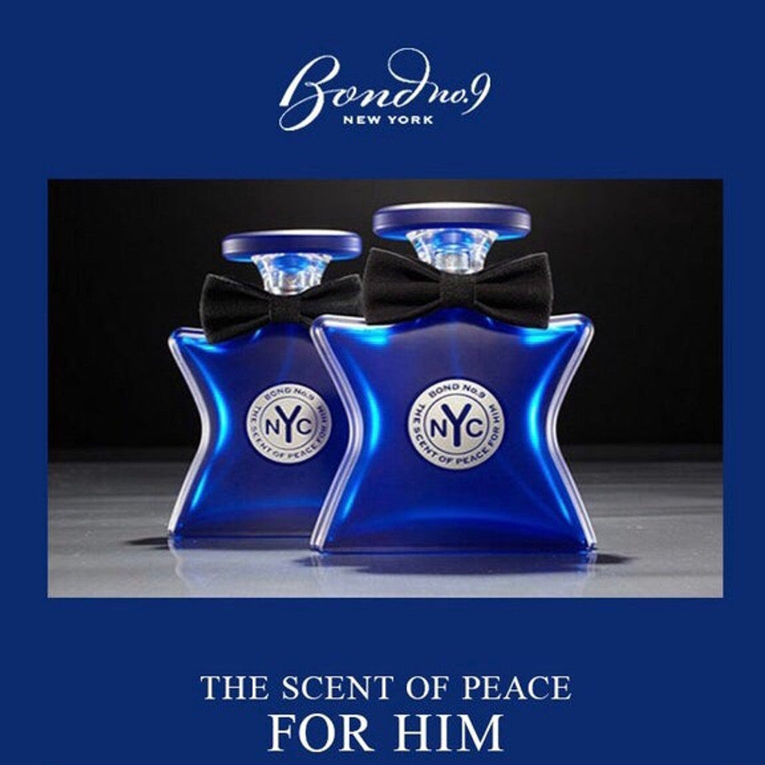 Two blue perfume bottles with black bows on a dark background, featuring the Bond No. 9 New York logo.