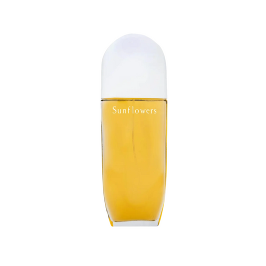 Elizabeth Arden Sunflowers Eau De Toilette perfume bottle with a white cap and yellow liquid visible through the clear glass.