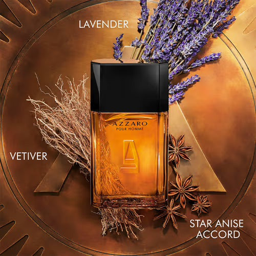 Azzaro Pour Homme perfume bottle with lavender, vetiver, and star anise on a decorative background