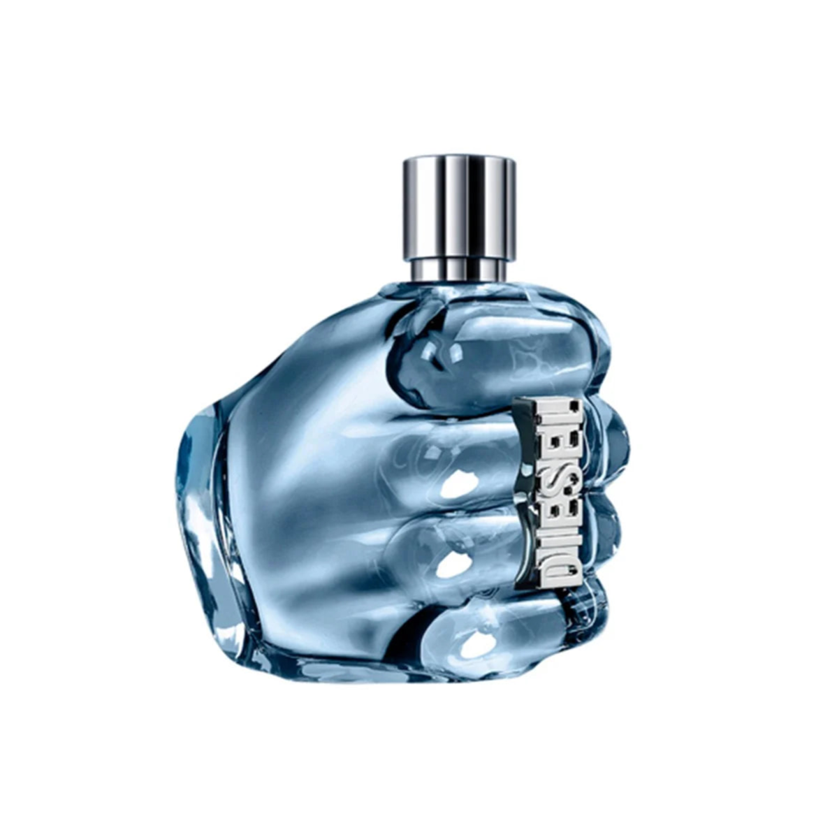 A unique bottle of Diesel Only The Brave Eau De Toilette for Men shaped like a clenched fist, filled with a clear liquid.