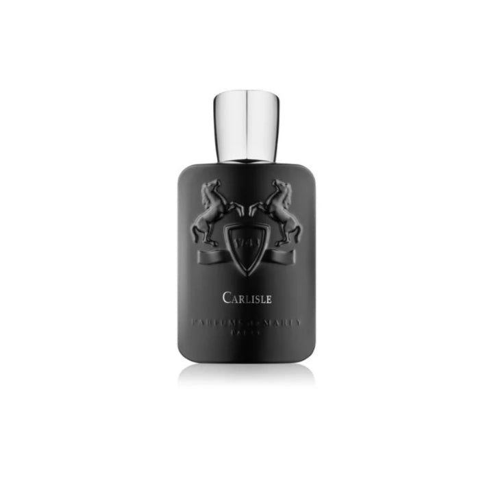 A black bottle of Parfums de Marly Carlisle Eau De Parfum for men with a silver cap and a coat of arms design on the front.