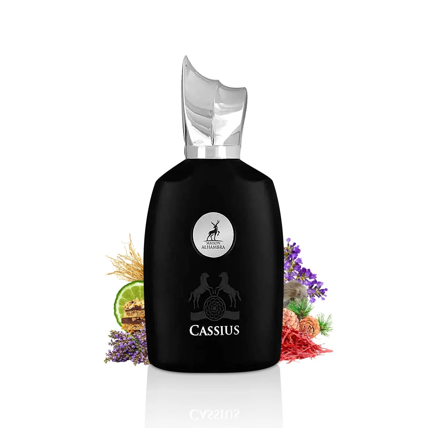 Black bottle labeled 'Cassius' with decorative elements on a white background