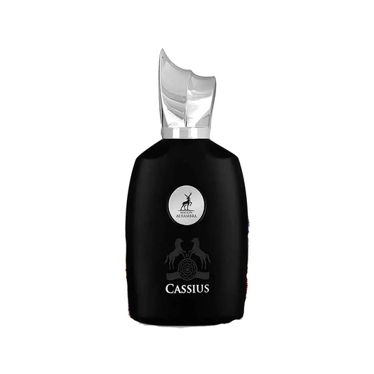 Black perfume bottle with 'Cassius' branding on a white background