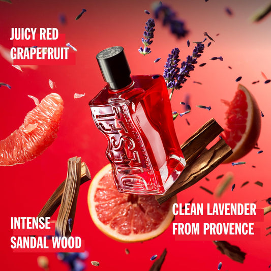 Red bottle with grapefruit, sandalwood, and lavender on a red background