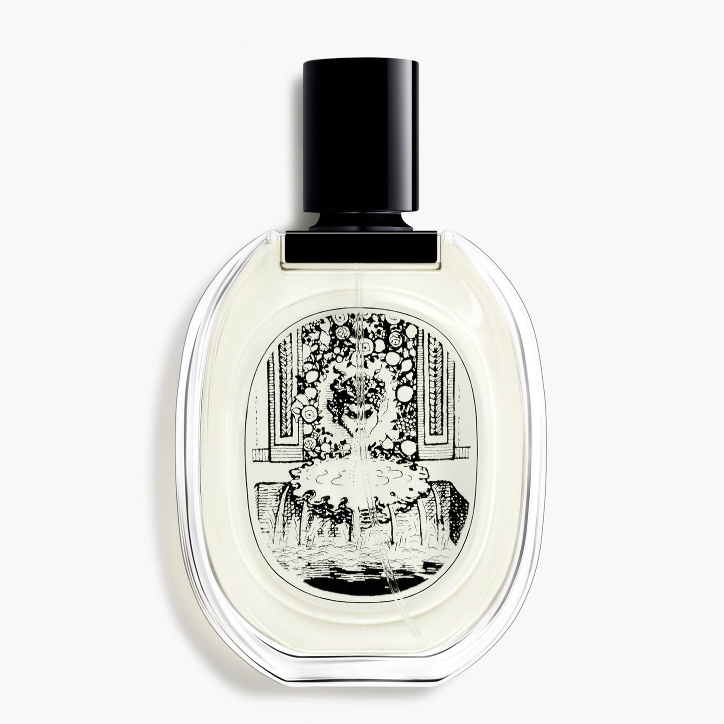 Perfume bottle with decorative label on a white background