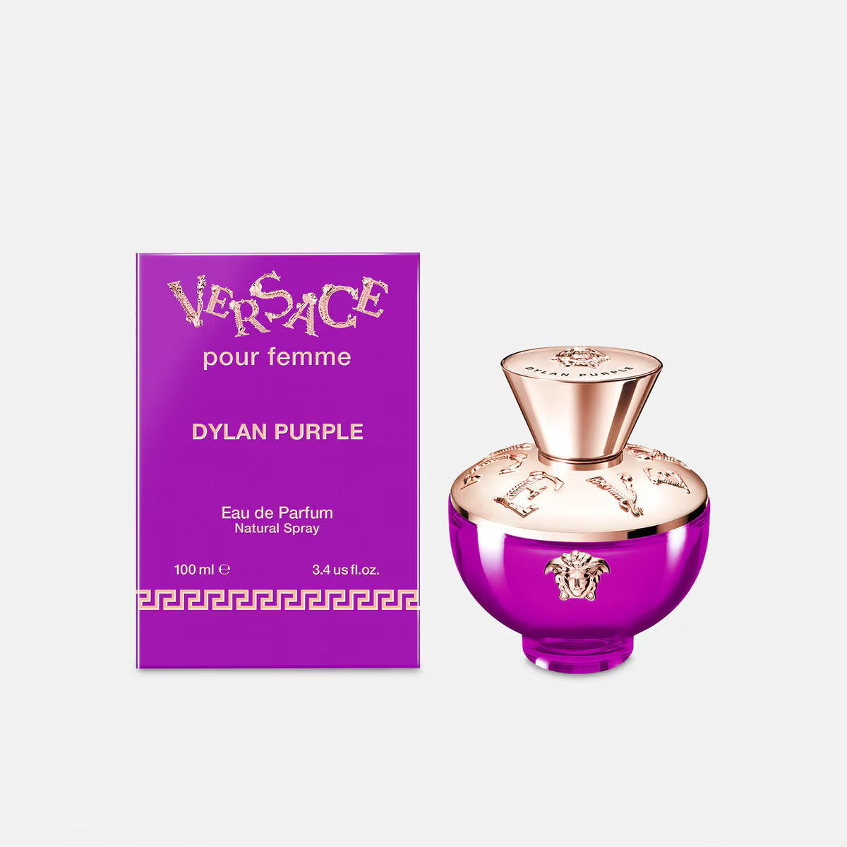 Versace Dylan Purple perfume bottle and packaging on a white background