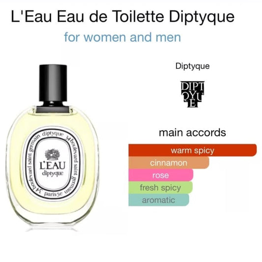 Diptyque L'Eau Eau de Toilette bottle with flavor profile on a white background
