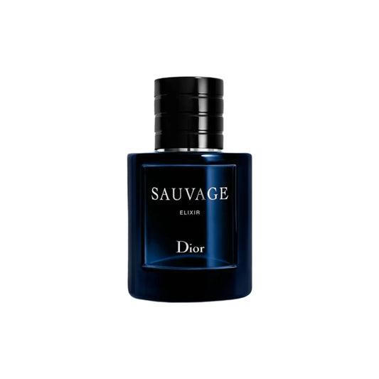 A bottle of Dior Sauvage Elixir for Men with a black cap and a blue label on a white background.