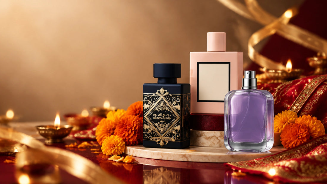 Luxury perfume bottles styled with marigolds, warm golden light and festive Indian textures for Navratri and Durga Puja