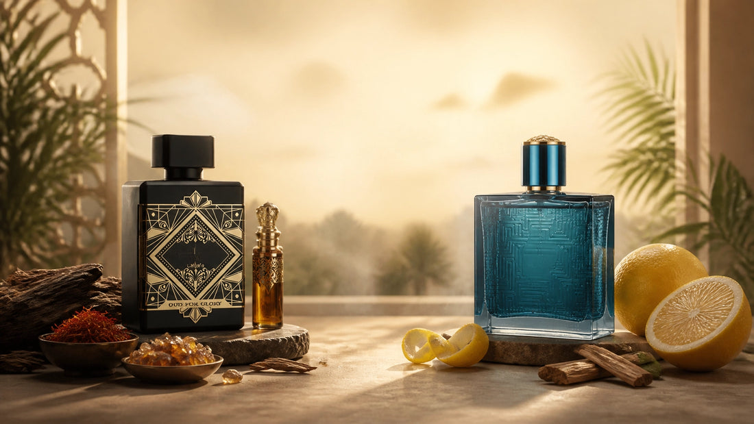 Arabic oud perfume and Western fragrance bottles styled for Indian summer heat