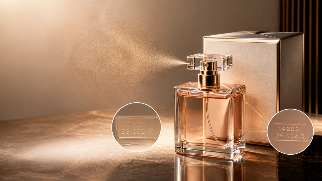 Luxury perfume bottle and presentation box under studio lighting, with visible packaging and batch-code inspection details