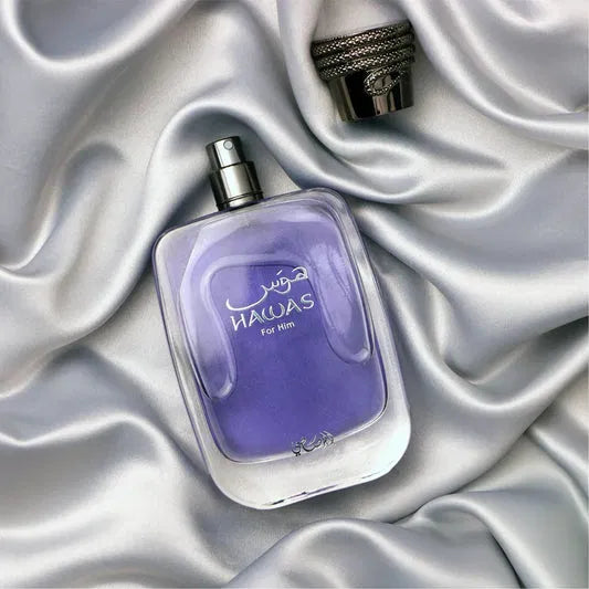 Rasasi Hawas fragrance bottle on silver satin