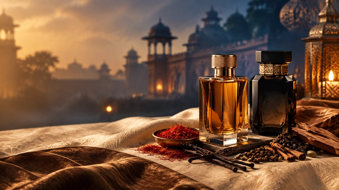 Warm winter perfume still life with oud, amber, saffron and spices