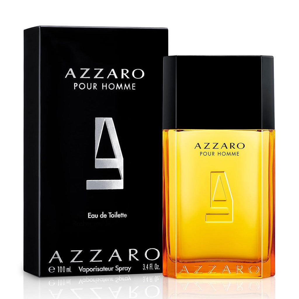 Azzaro Pour Homme perfume bottle and packaging on a white background