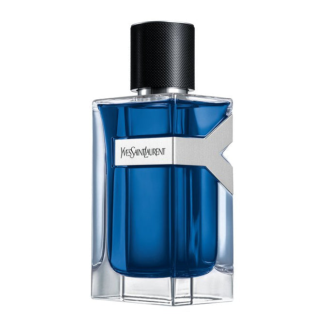 Blue perfume bottle with black cap on a white background