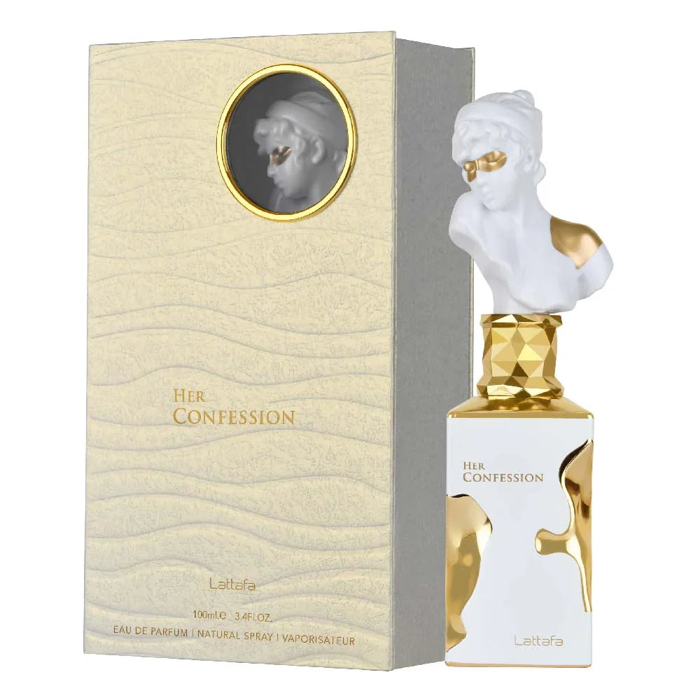 Perfume bottle and packaging of 'Her Confession' by Lattafa on a white background