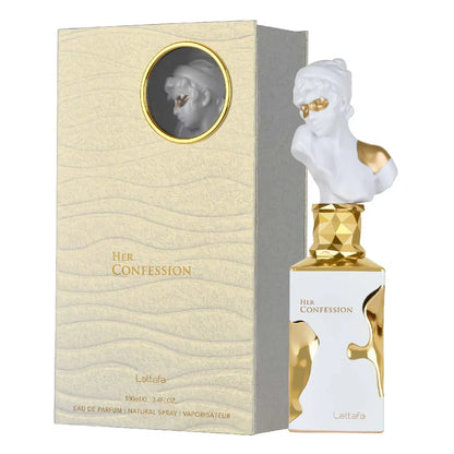 Perfume bottle and packaging of 'Her Confession' by Lattafa on a white background