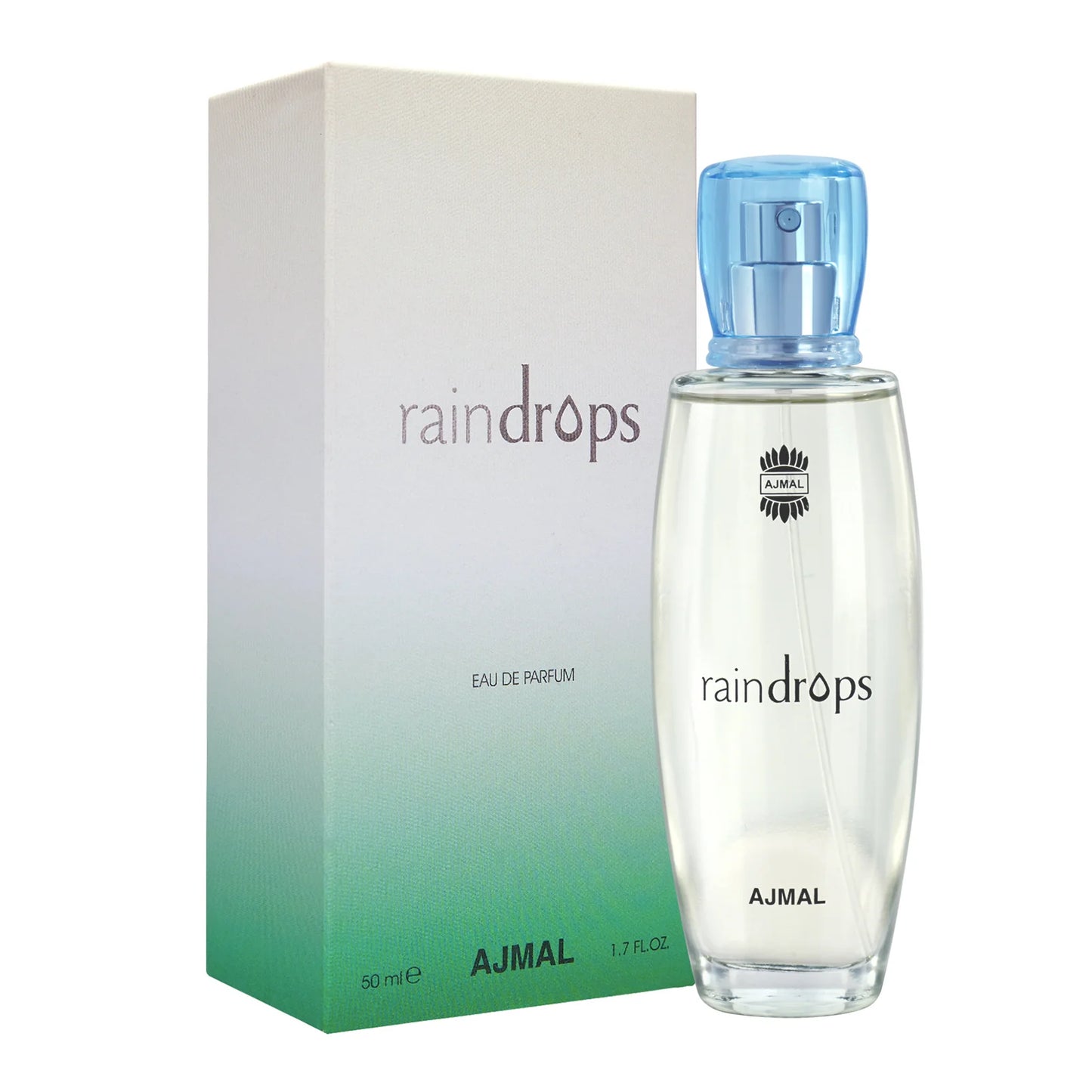 AJMAL Raindrops Eau de Parfum bottle and packaging on a white background