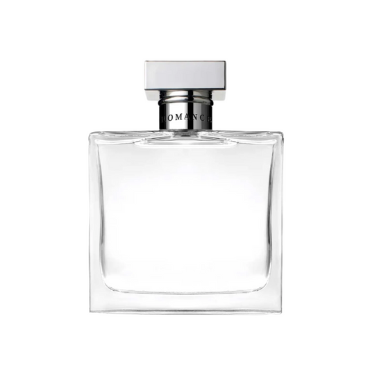 Clear perfume bottle with silver cap on a white background