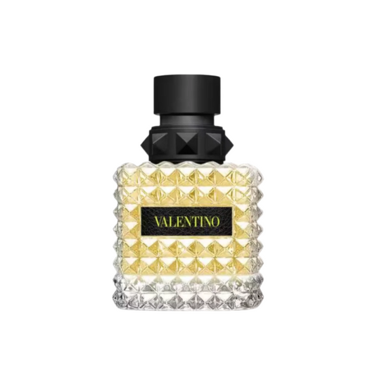 Valentino perfume bottle with black cap on a white background