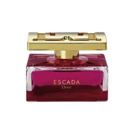 Escada Elixir perfume bottle with gold cap on a white background