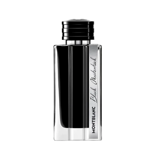 Montblanc Black Markerback perfume bottle in a rectangular clear glass design with a bold black center panel and a silver-toned cap, shown on a white background with black side borders.