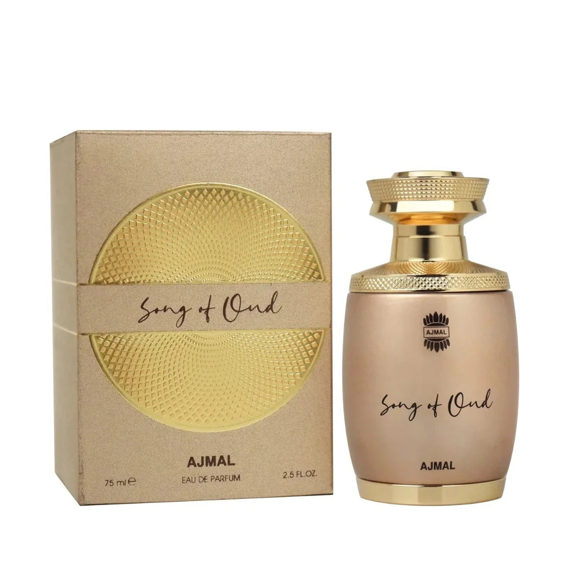 AJMAL 'Song of Oud' perfume bottle and packaging on a white background