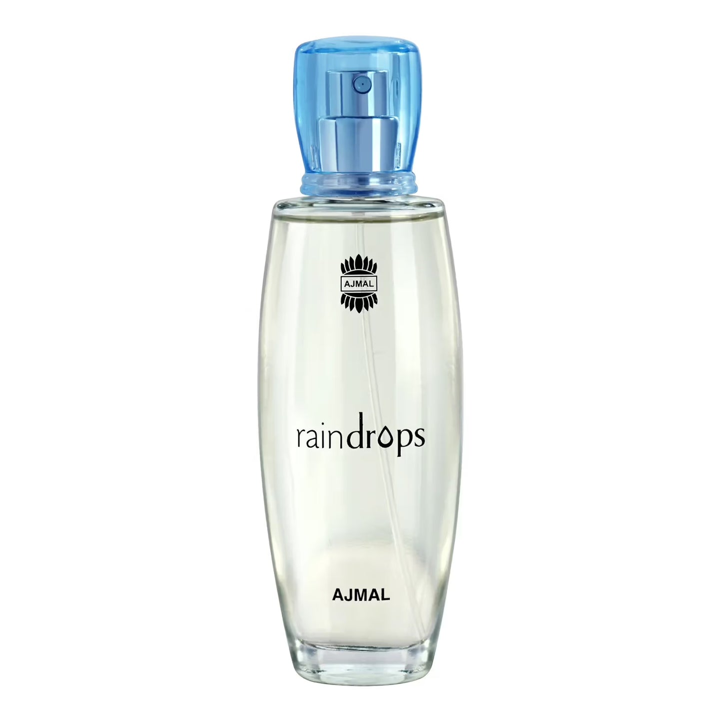 A clear glass bottle of Ajmal Raindrops fragrance with a translucent light blue spray cap, shown on a plain white background.