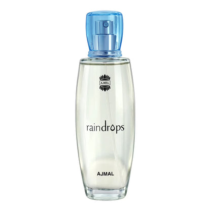 A clear glass bottle of Ajmal Raindrops fragrance with a translucent light blue spray cap, shown on a plain white background.