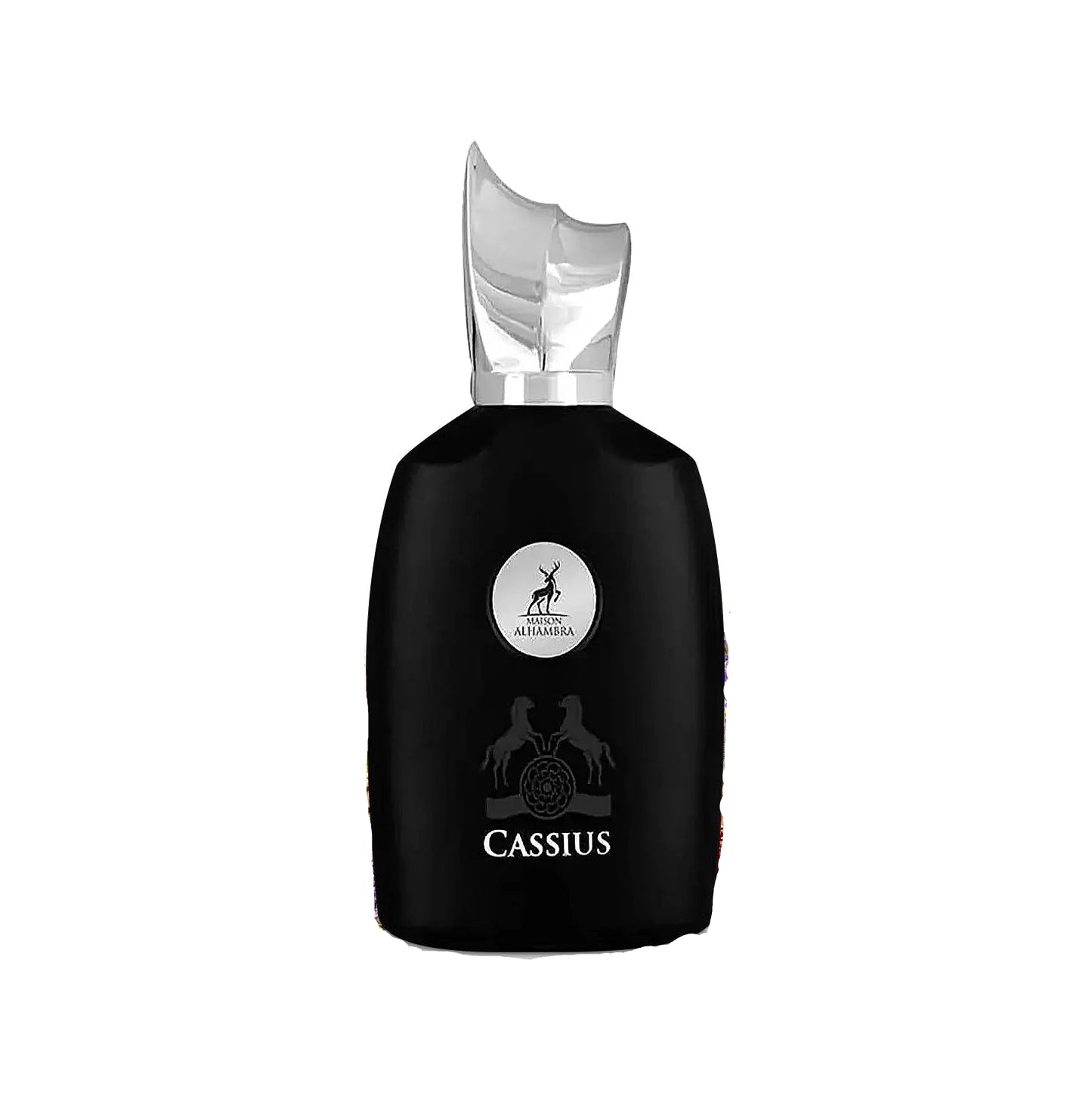 Black perfume bottle with 'Cassius' branding on a white background