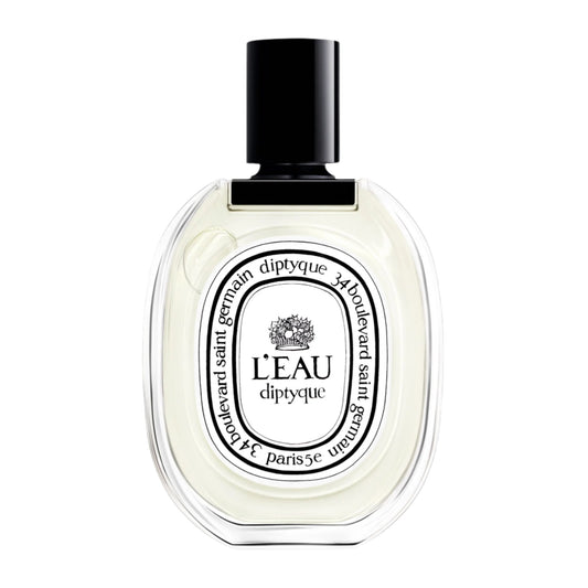 Diptyque perfume bottle labeled 'L'Eau' on a white background
