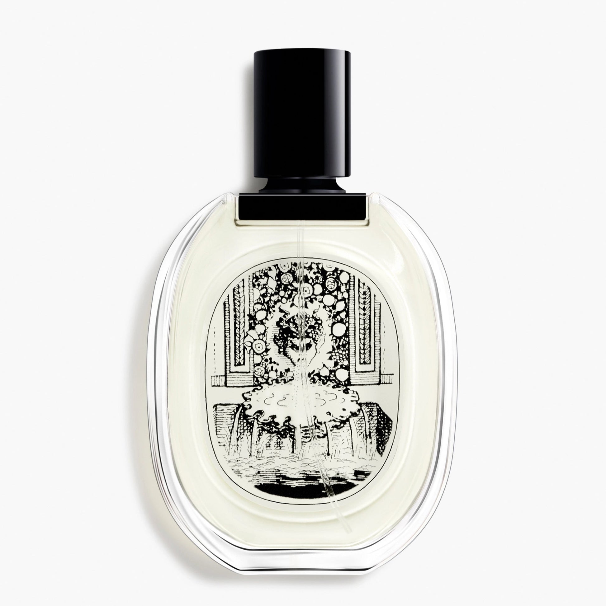 Perfume bottle with decorative label on a white background