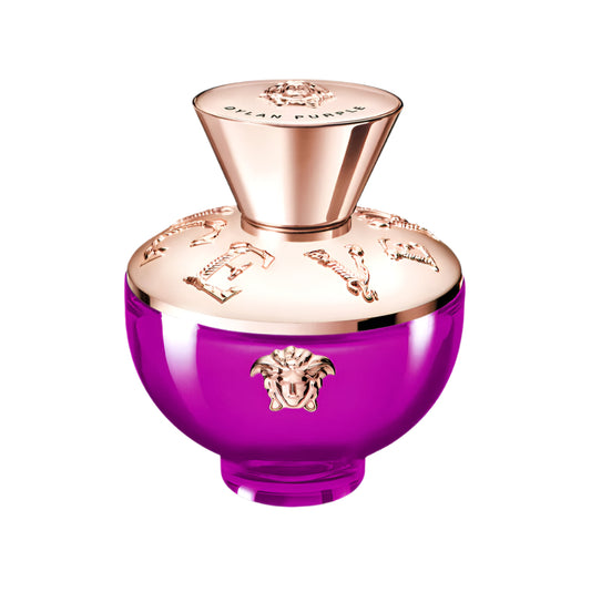 Purple perfume bottle with gold cap on a white background