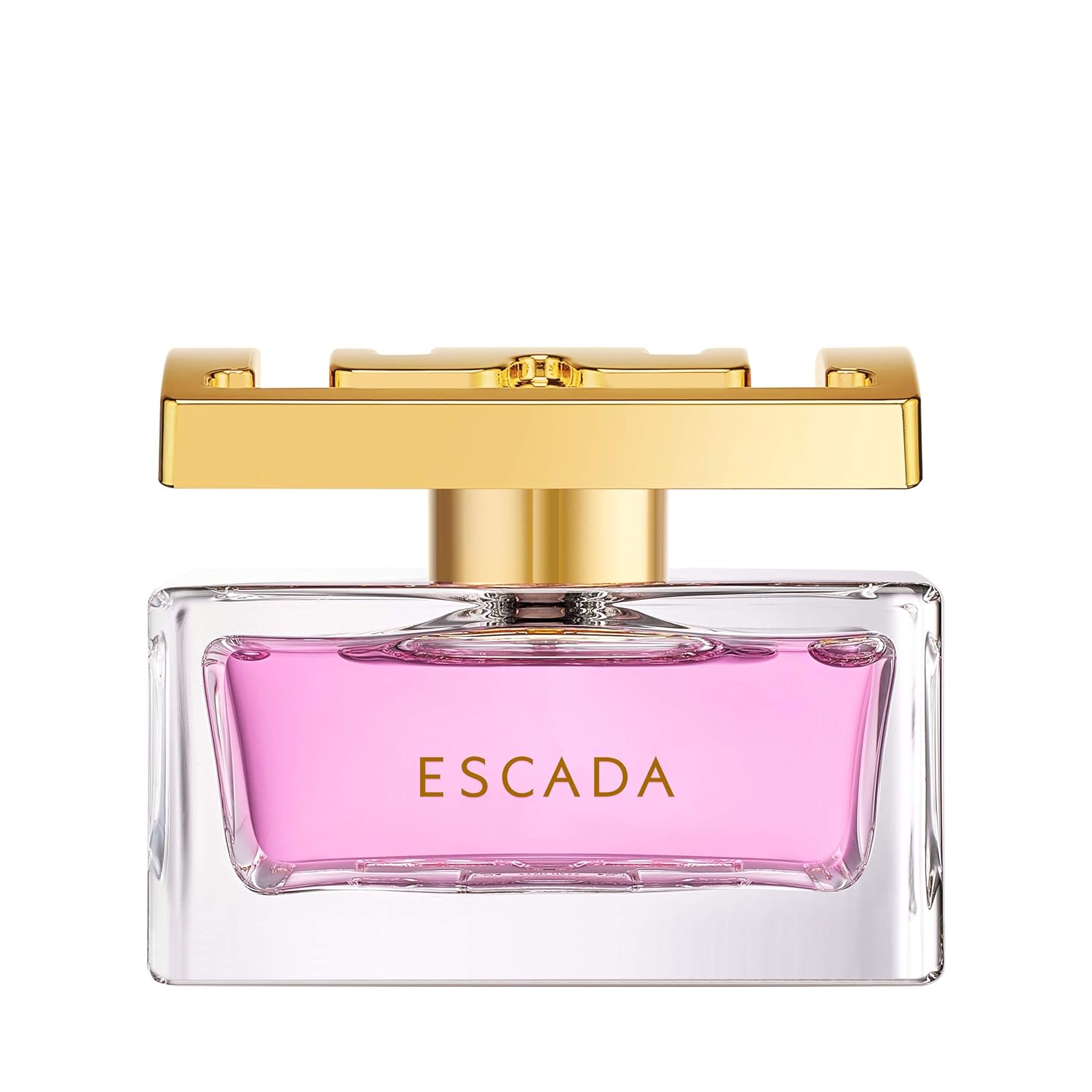 Escada perfume bottle with pink liquid and gold cap on a white background