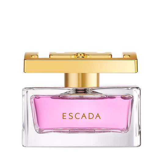 Escada perfume bottle with pink liquid and gold cap on a white background