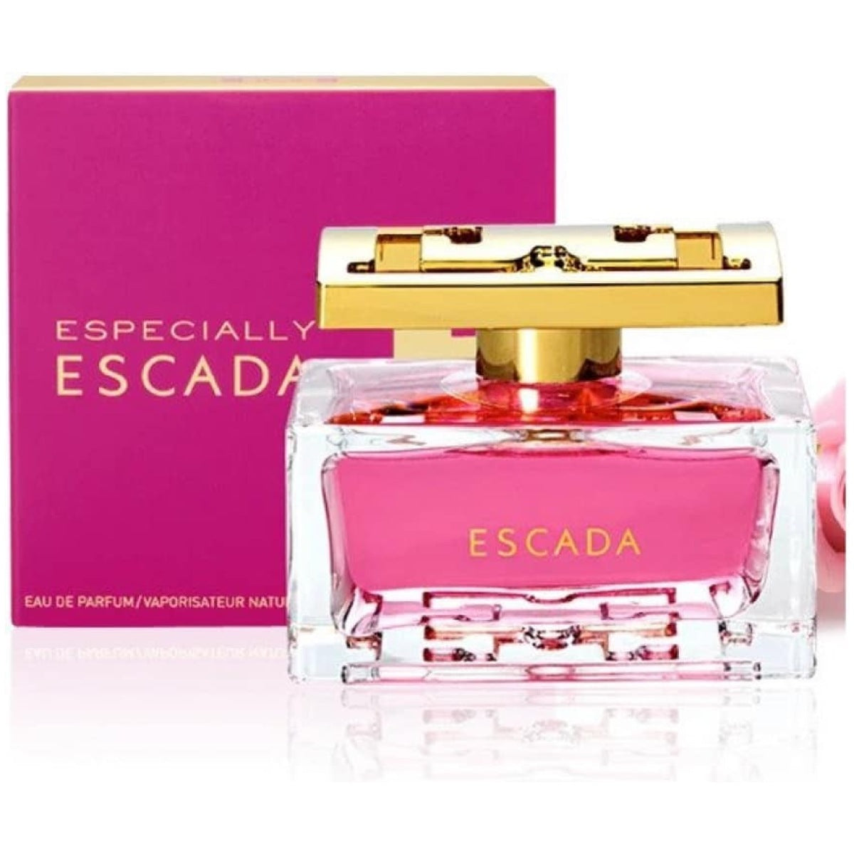 Escada perfume bottle with pink packaging and gold cap on a white background