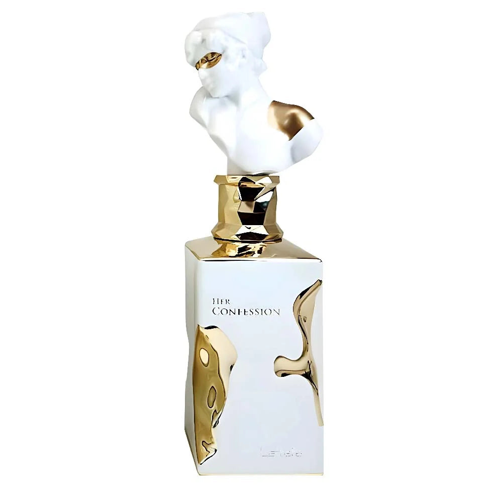 Perfume bottle with gold and white design on a white background