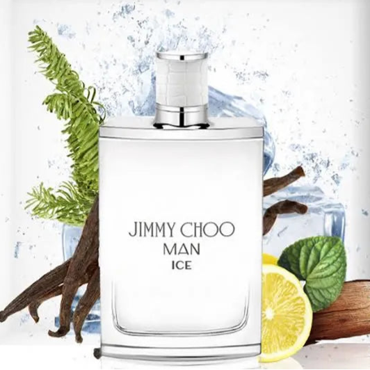 Jimmy Choo Man Ice perfume bottle with vanilla bean, lemon, and mint leaves on a white background