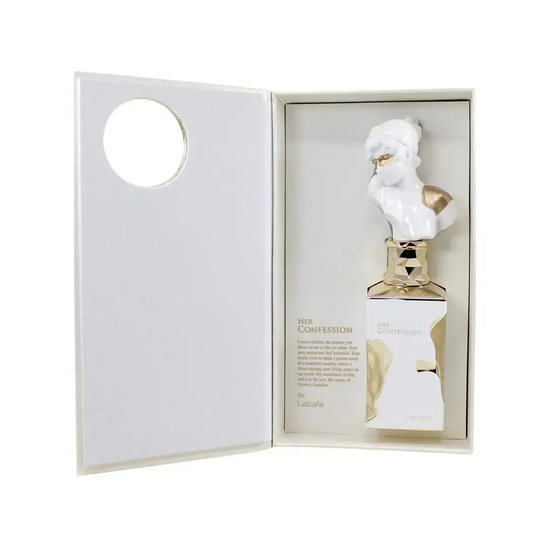 Perfume bottle with white and gold design in a box on a white background
