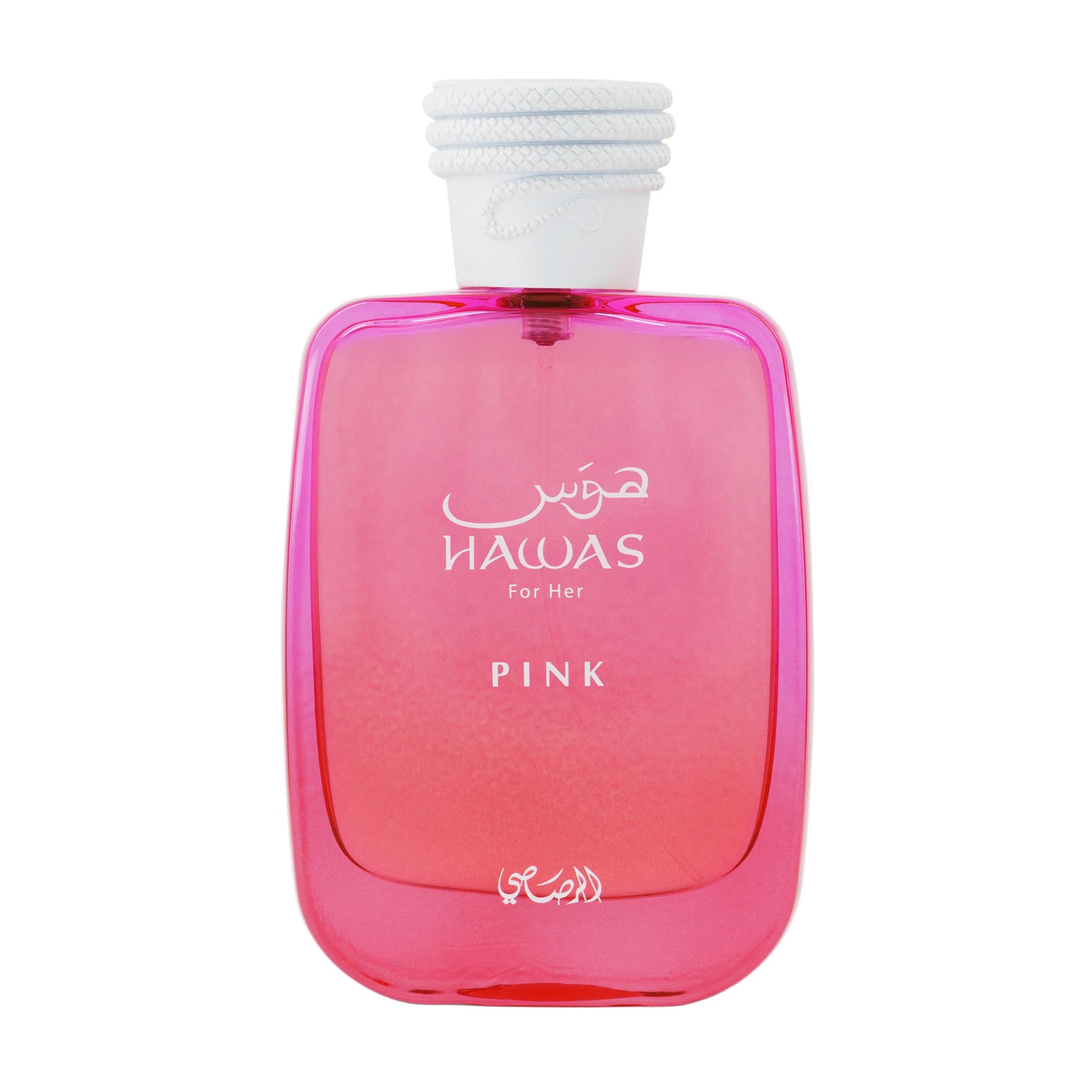 Pink perfume bottle with white cap on a white background