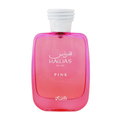 Pink perfume bottle with white cap on a white background