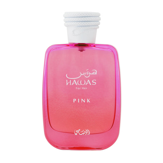 Pink perfume bottle with white cap on a white background